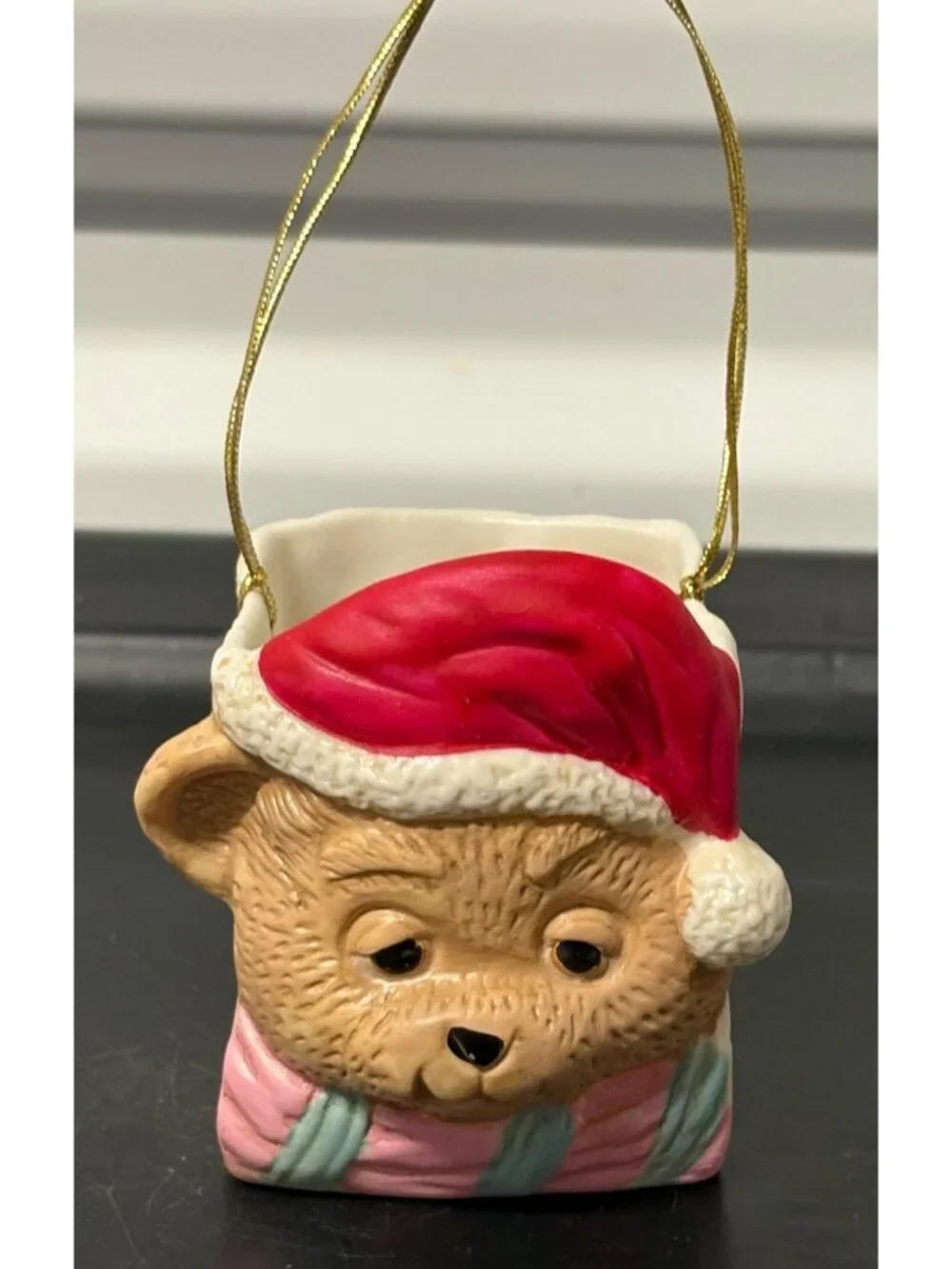 Vintage Bisque Porcelain Teddy Bear Christmas Paper Bag Gift Holder Ring Box